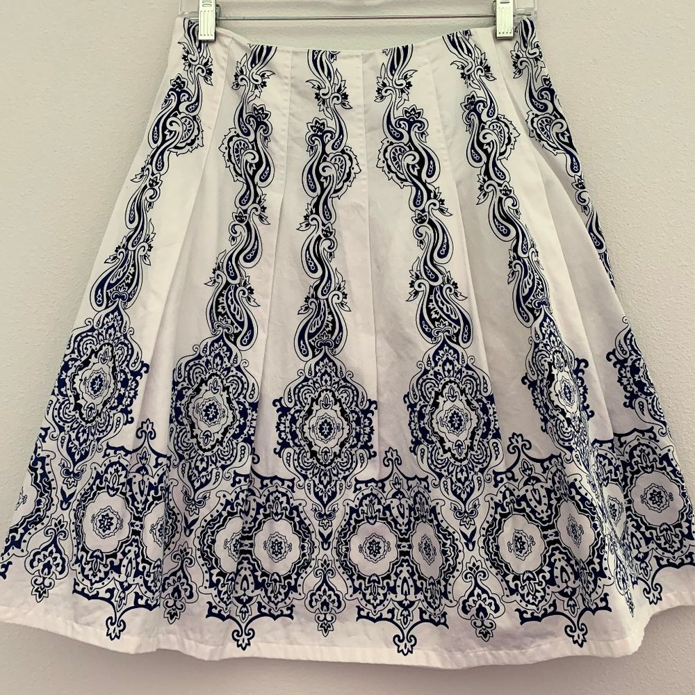 White Blue Skirt 8P Paisley Handkerchief A-line Pleated Cotton Jones New York